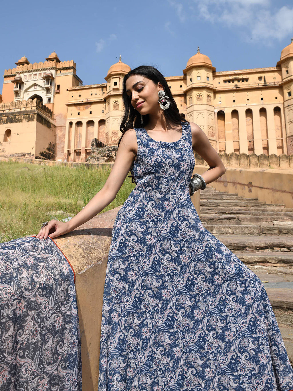 Janasya Women's Blue Georgette Floral Print Kurta With Flared Palazzo And Dupatta