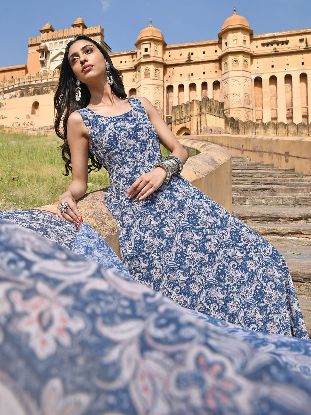 Janasya Women's Blue Georgette Floral Print Kurta With Flared Palazzo And Dupatta
