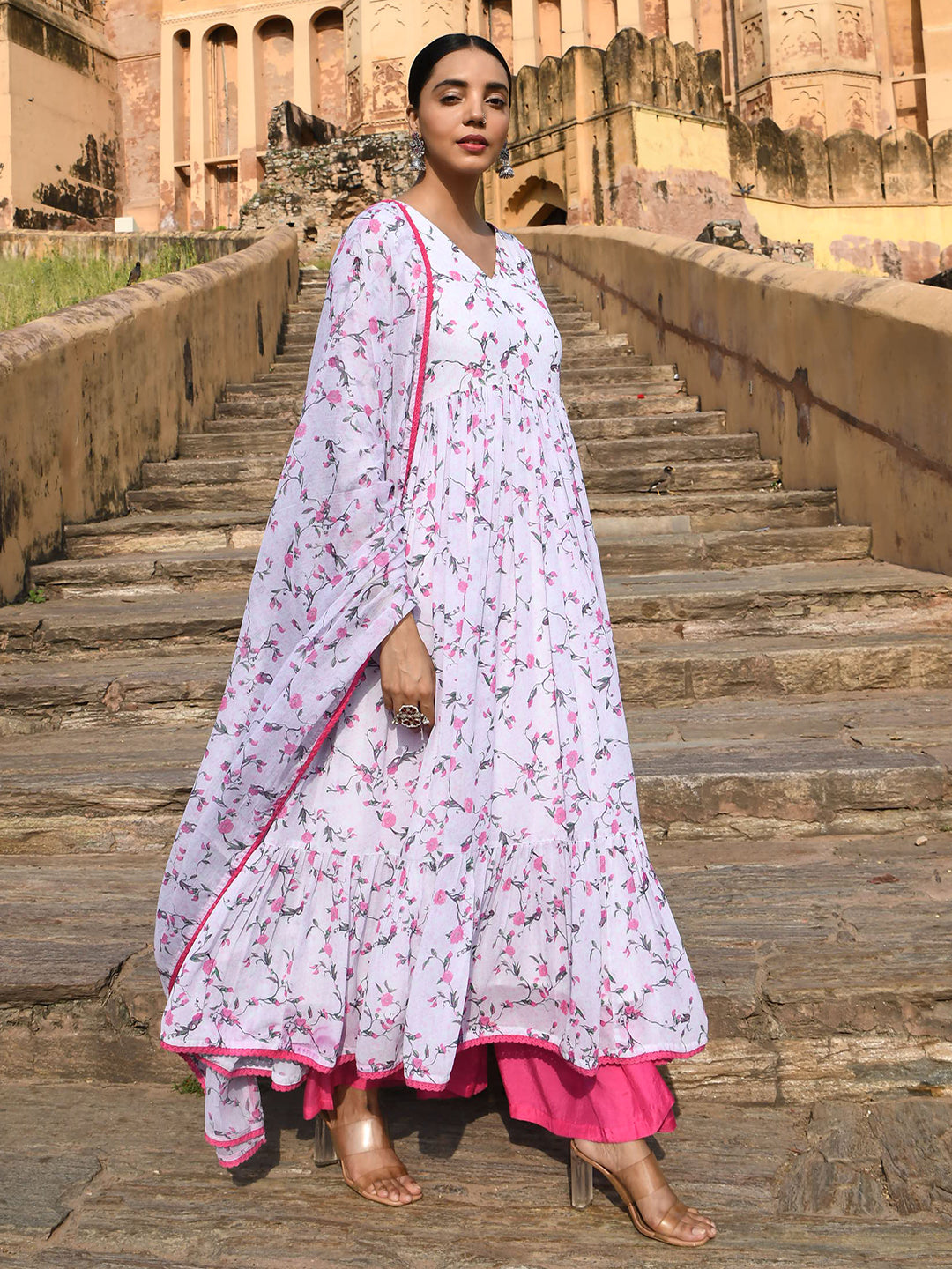 Janasya Women's White Georgette Floral Print Kurta With Flared Palazzo And Dupatta