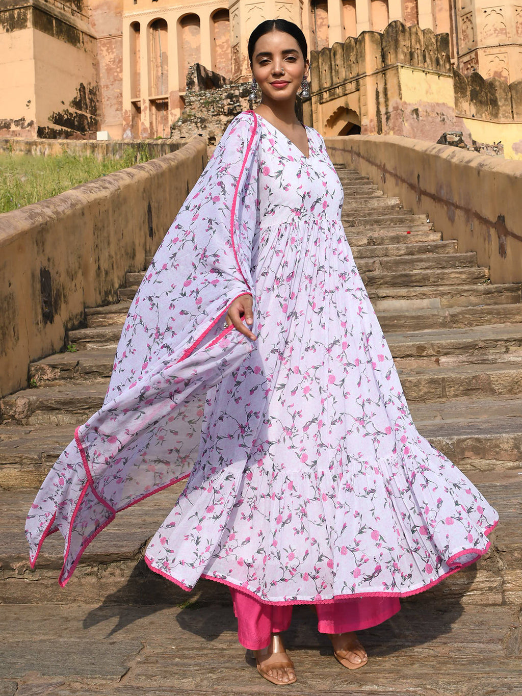 Janasya Women's White Georgette Floral Print Kurta With Flared Palazzo And Dupatta
