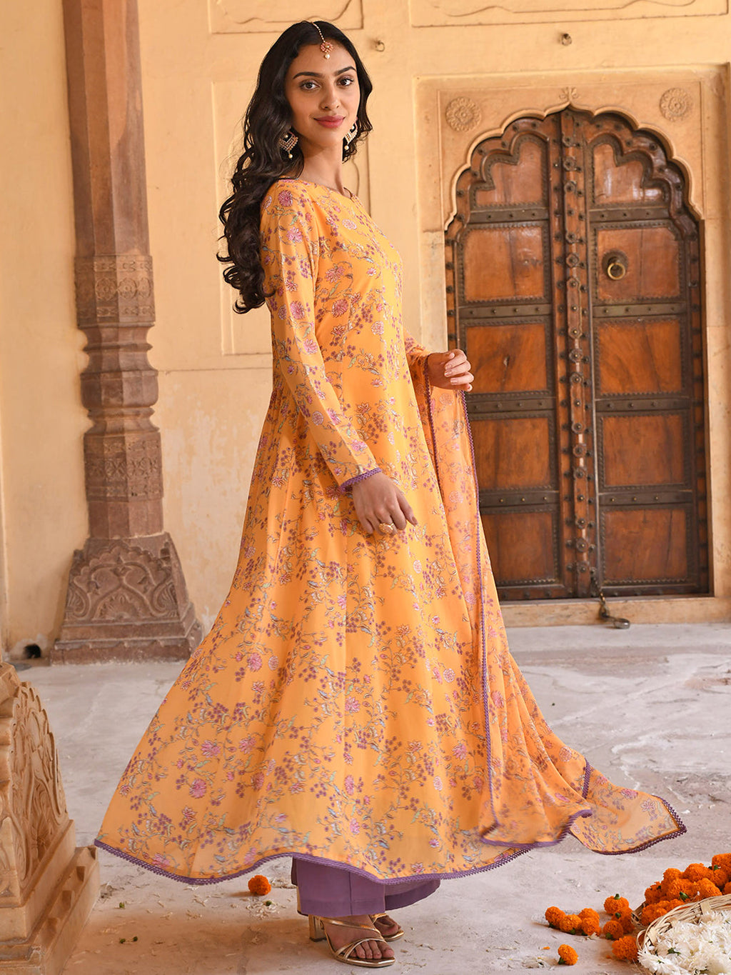 Janasya Women's Yellow Georgette Floral Print Kurta With Flared Palazzo And Dupatta