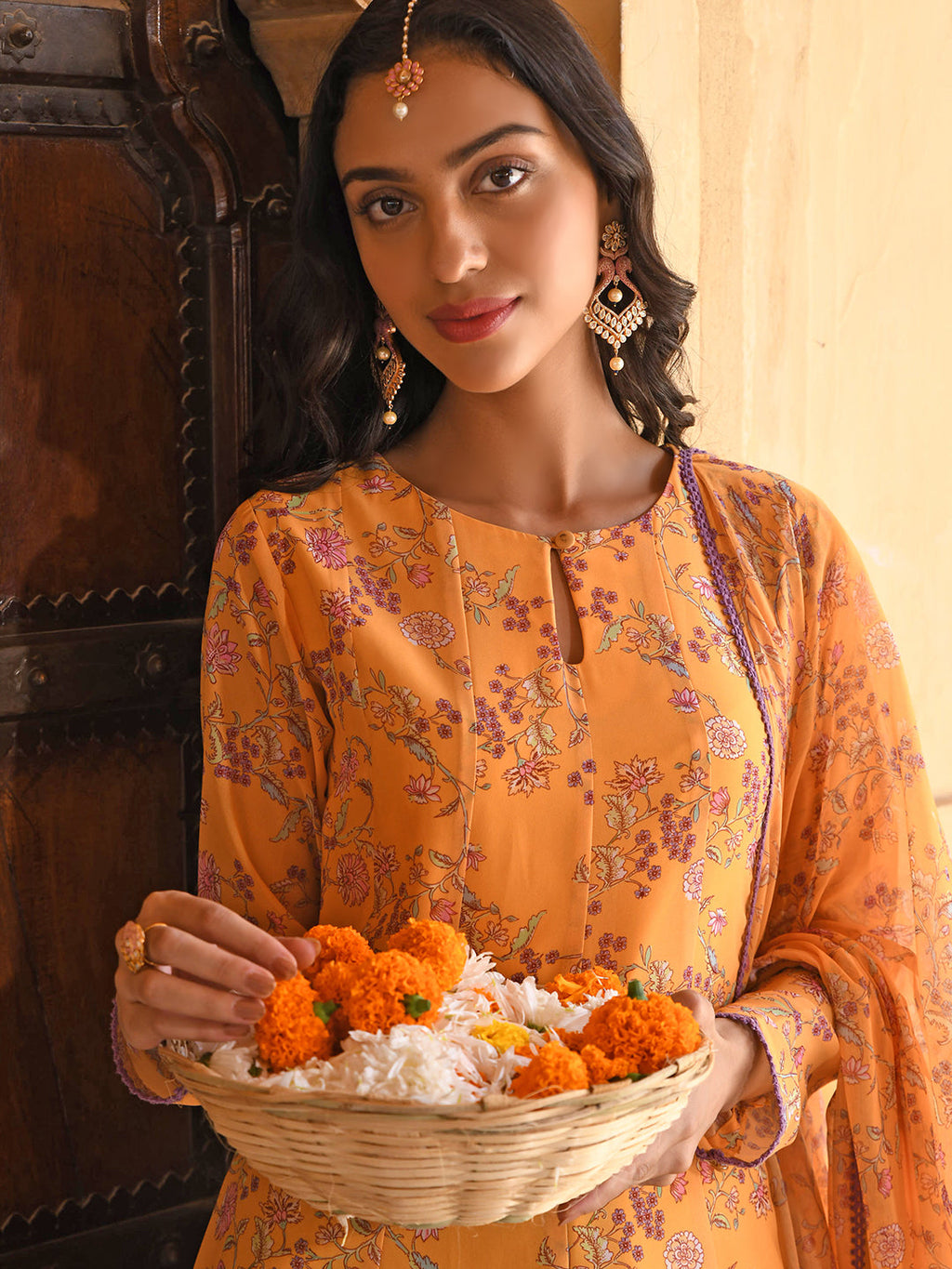 Janasya Women's Yellow Georgette Floral Print Kurta With Flared Palazzo And Dupatta