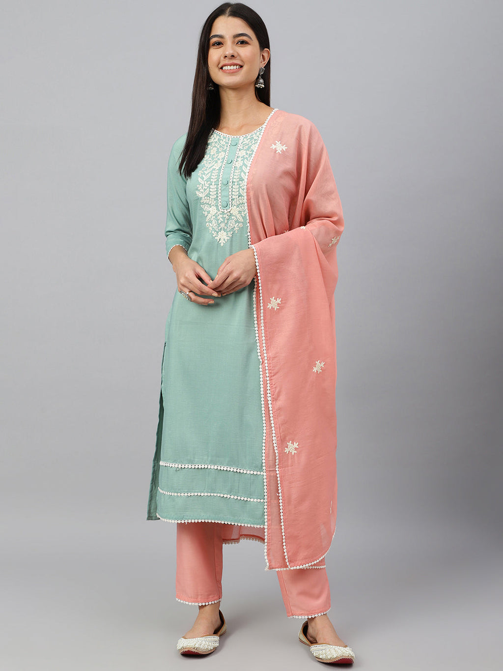 Janasya Women's Green Poly Silk Embroidered Kurta With Pant And Dupatta