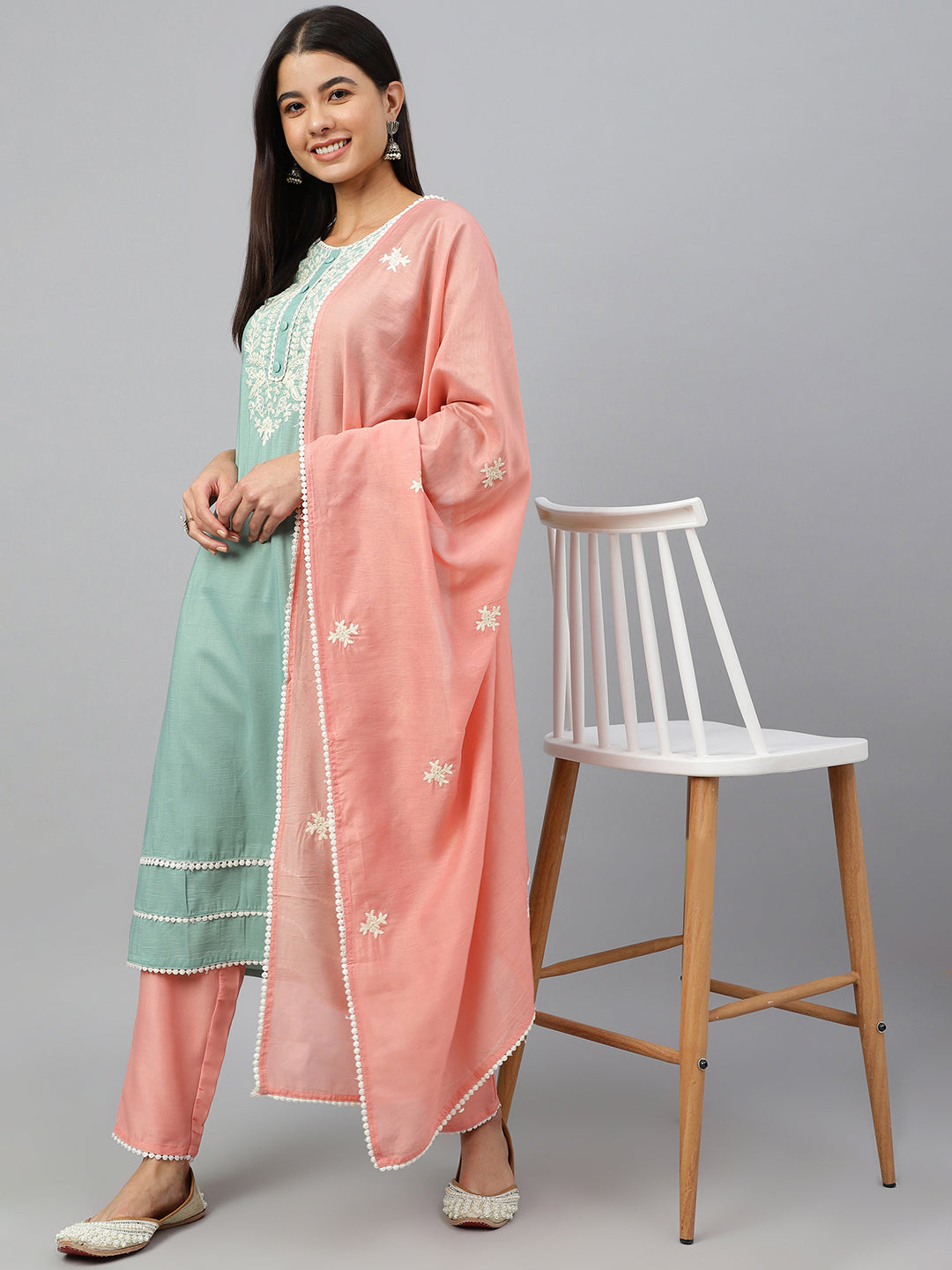Janasya Women's Green Poly Silk Embroidered Kurta With Pant And Dupatta