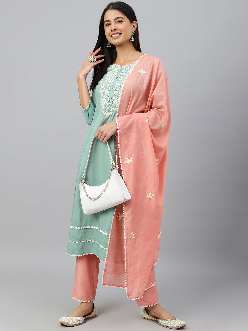 Janasya Women's Green Poly Silk Embroidered Kurta With Pant And Dupatta