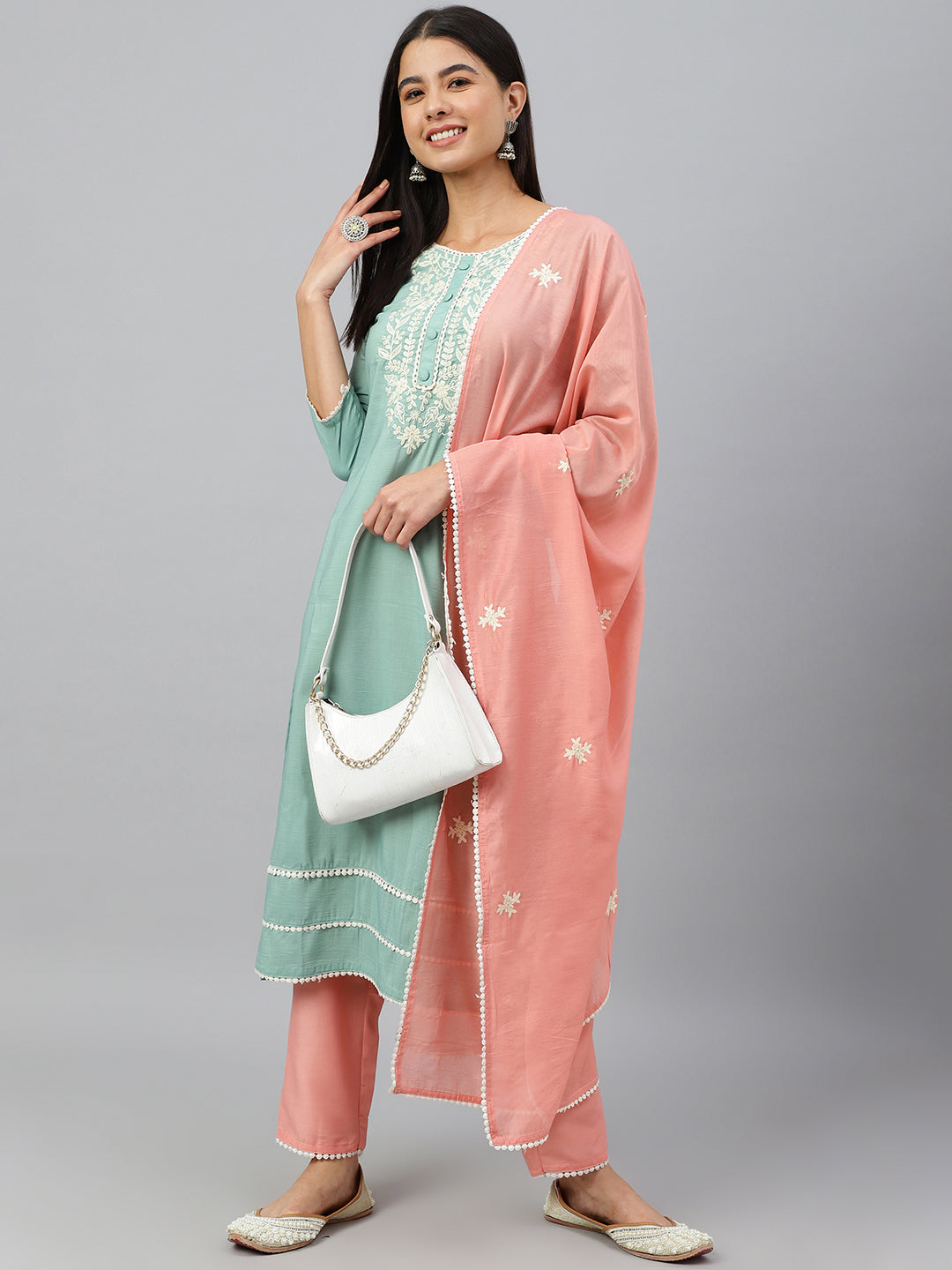Janasya Women's Green Poly Silk Embroidered Kurta With Pant And Dupatta