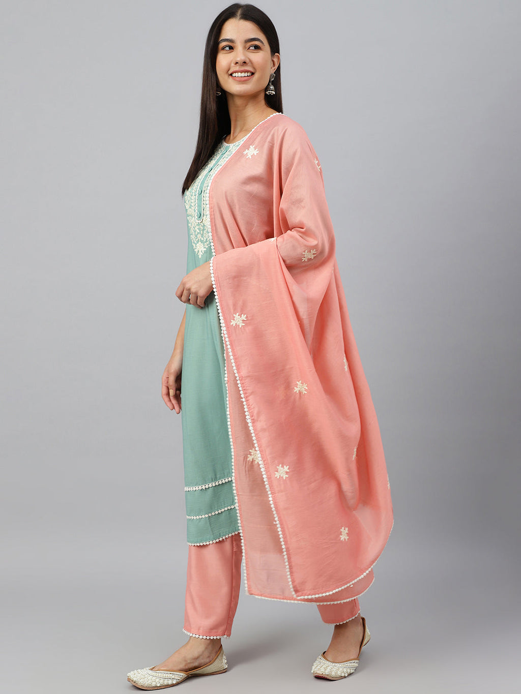 Janasya Women's Green Poly Silk Embroidered Kurta With Pant And Dupatta