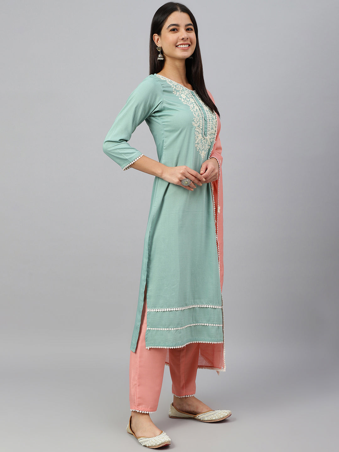 Janasya Women's Green Poly Silk Embroidered Kurta With Pant And Dupatta