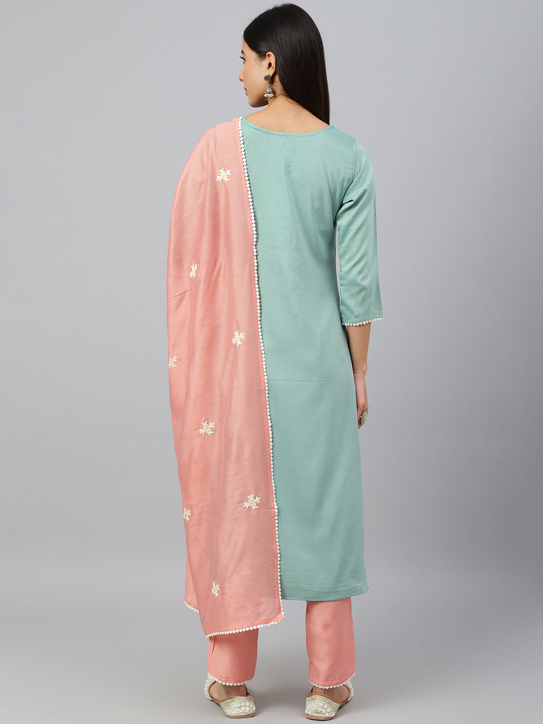 Janasya Women's Green Poly Silk Embroidered Kurta With Pant And Dupatta
