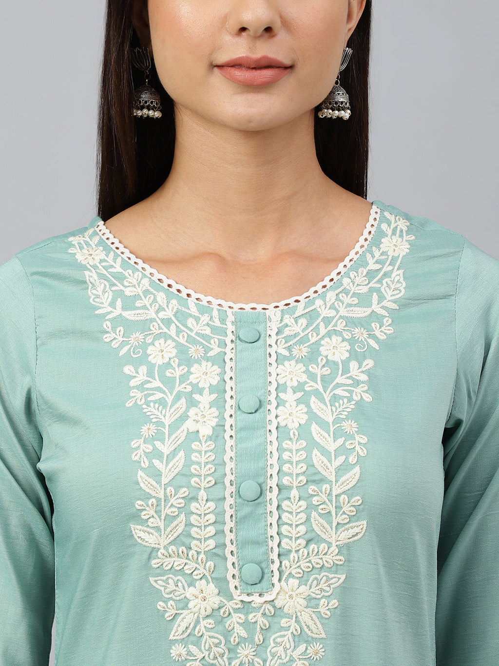 Janasya Women's Green Poly Silk Embroidered Kurta With Pant And Dupatta