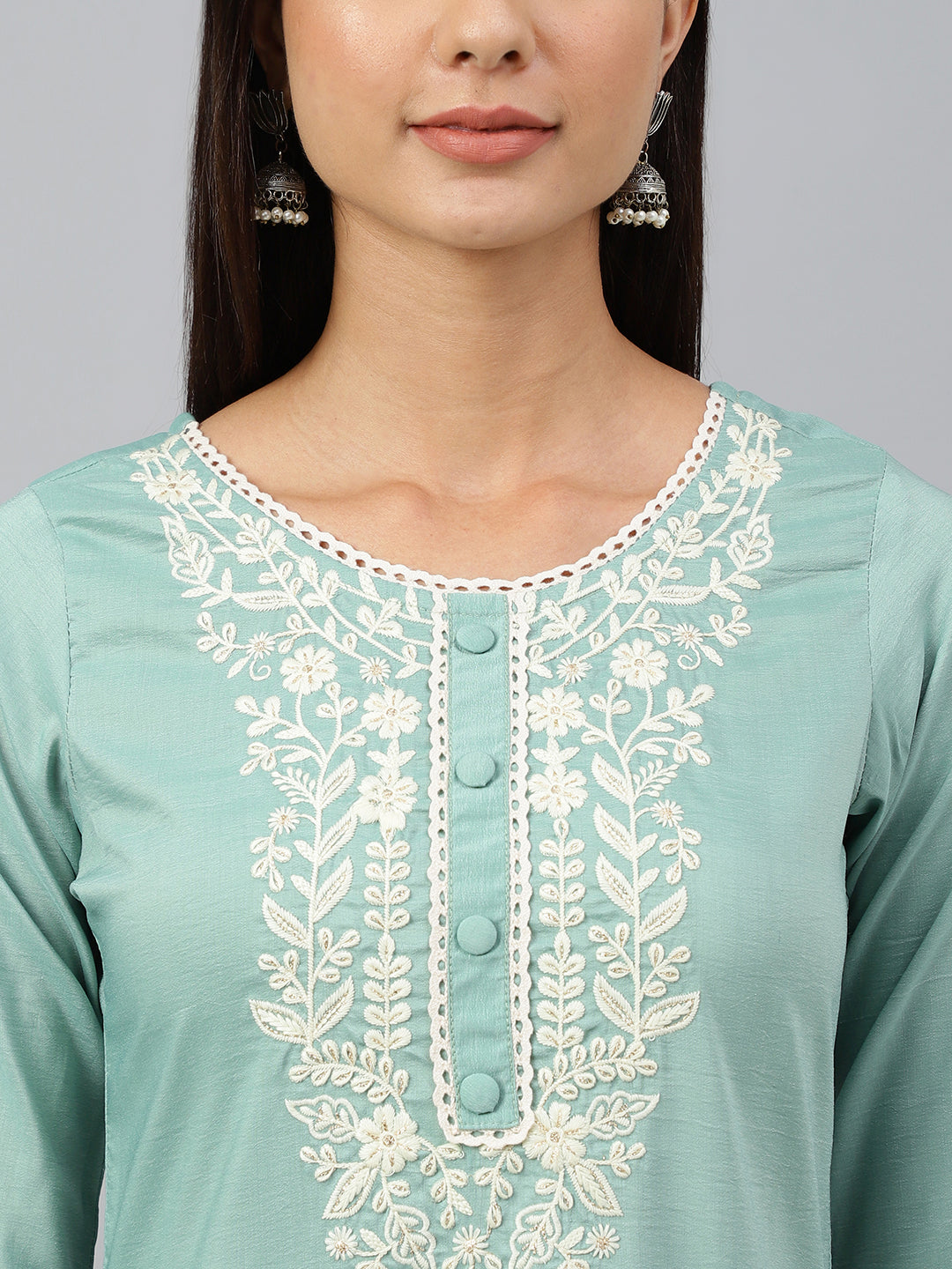 Janasya Women's Green Poly Silk Embroidered Kurta With Pant And Dupatta