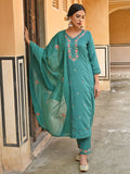 Janasya Women's Green Poly Silk Floral Embroidered Kurta With Pant And Dupatta