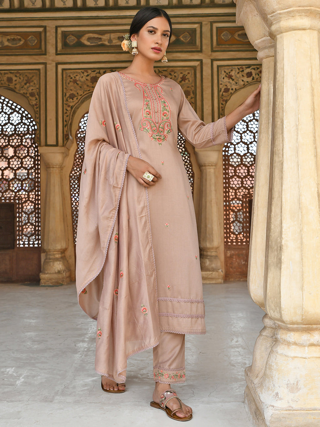 Janasya Women's Rose Gold Poly Silk Floral Embroidery Kurta With Pant And Dupatta
