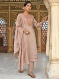 Janasya Women's Rose Gold Poly Silk Floral Embroidery Kurta With Pant And Dupatta