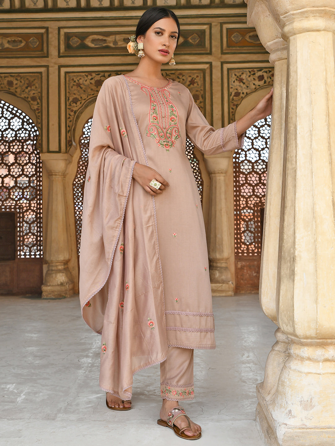 Janasya Women's Rose Gold Poly Silk Floral Embroidery Kurta With Pant And Dupatta
