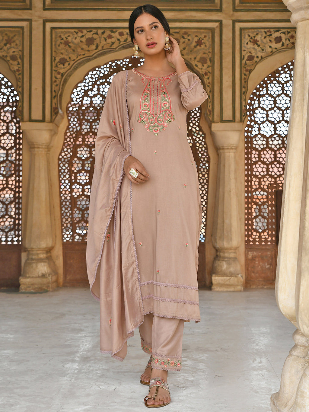 Janasya Women's Rose Gold Poly Silk Floral Embroidery Kurta With Pant And Dupatta