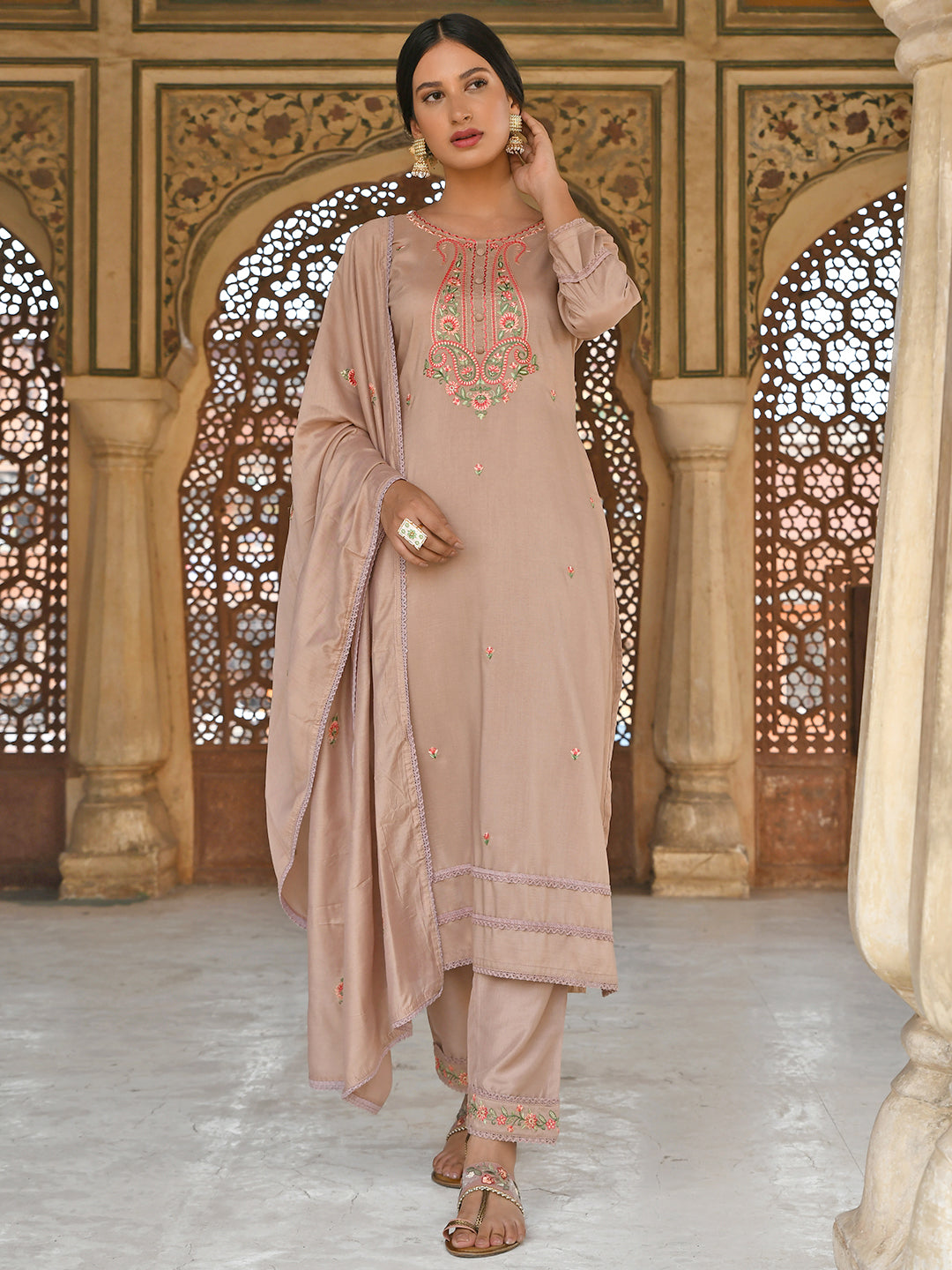 Janasya Women's Rose Gold Poly Silk Floral Embroidery Kurta With Pant And Dupatta