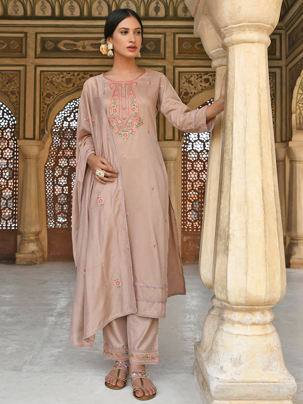 Janasya Women's Rose Gold Poly Silk Floral Embroidery Kurta With Pant And Dupatta
