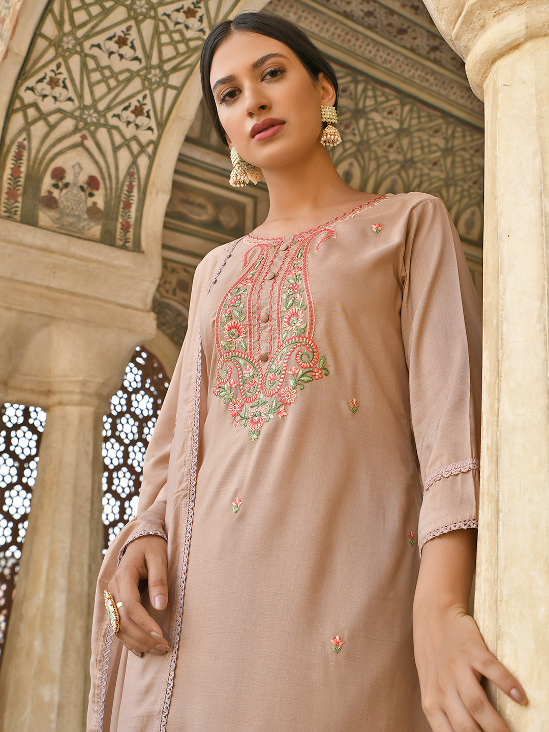 Janasya Women's Rose Gold Poly Silk Floral Embroidery Kurta With Pant And Dupatta