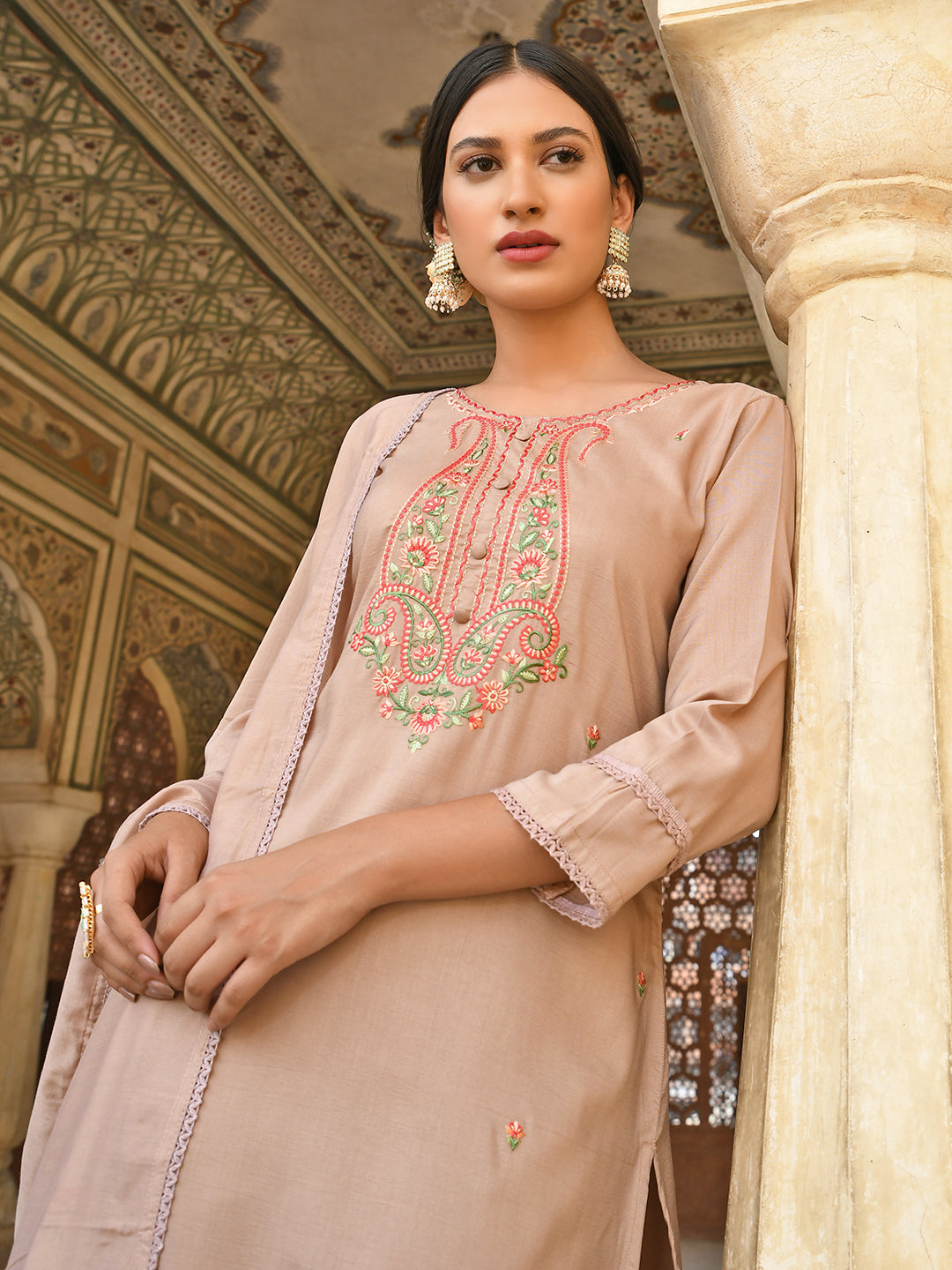 Janasya Women's Rose Gold Poly Silk Floral Embroidery Kurta With Pant And Dupatta