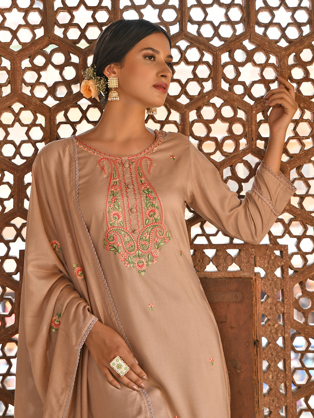 Janasya Women's Rose Gold Poly Silk Floral Embroidery Kurta With Pant And Dupatta
