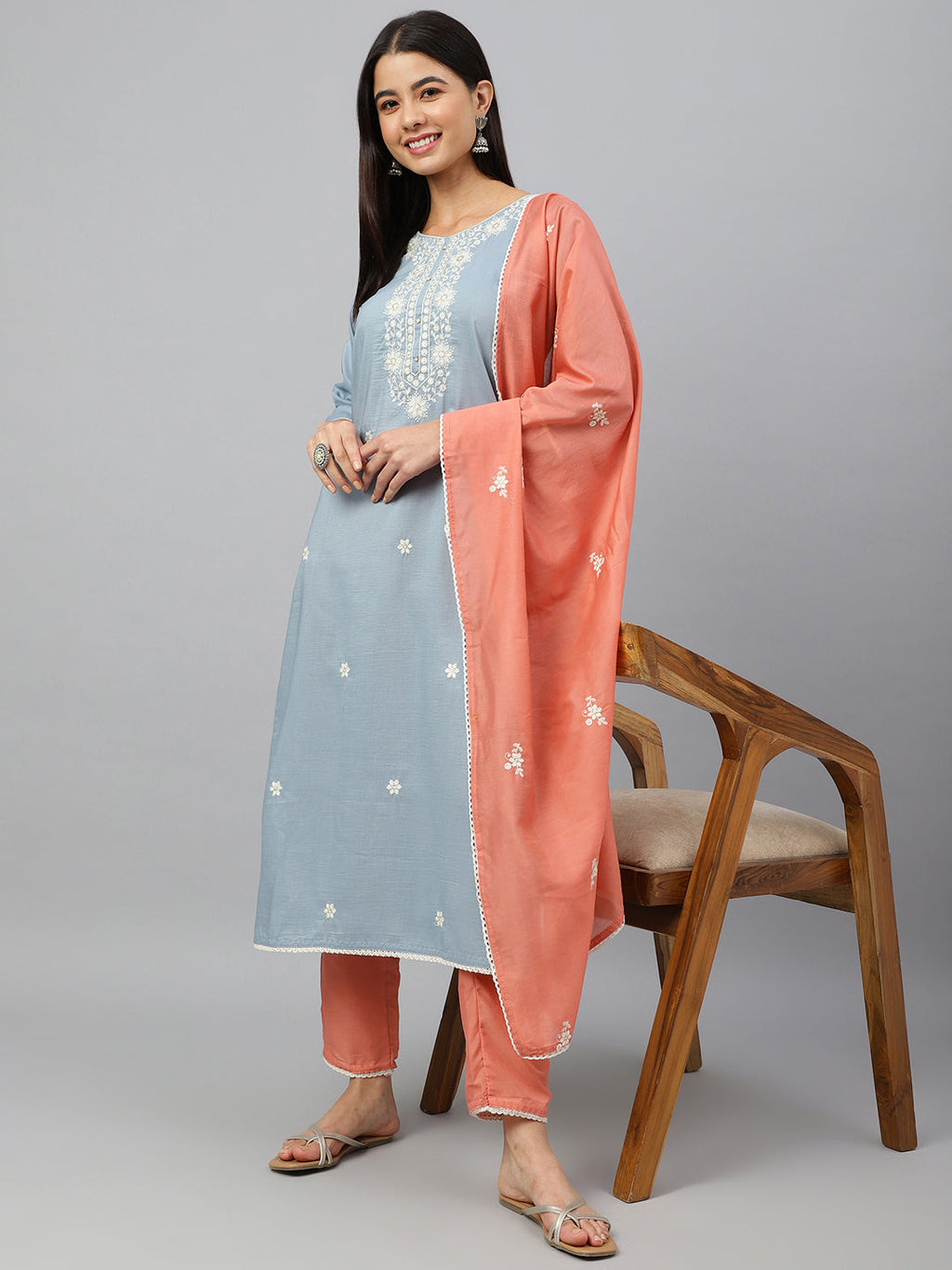 Janasya Women's Grey Poly Silk Floral Embroidery Kurta With Pant And Dupatta