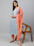 Janasya Women's Grey Poly Silk Floral Embroidery Kurta With Pant And Dupatta