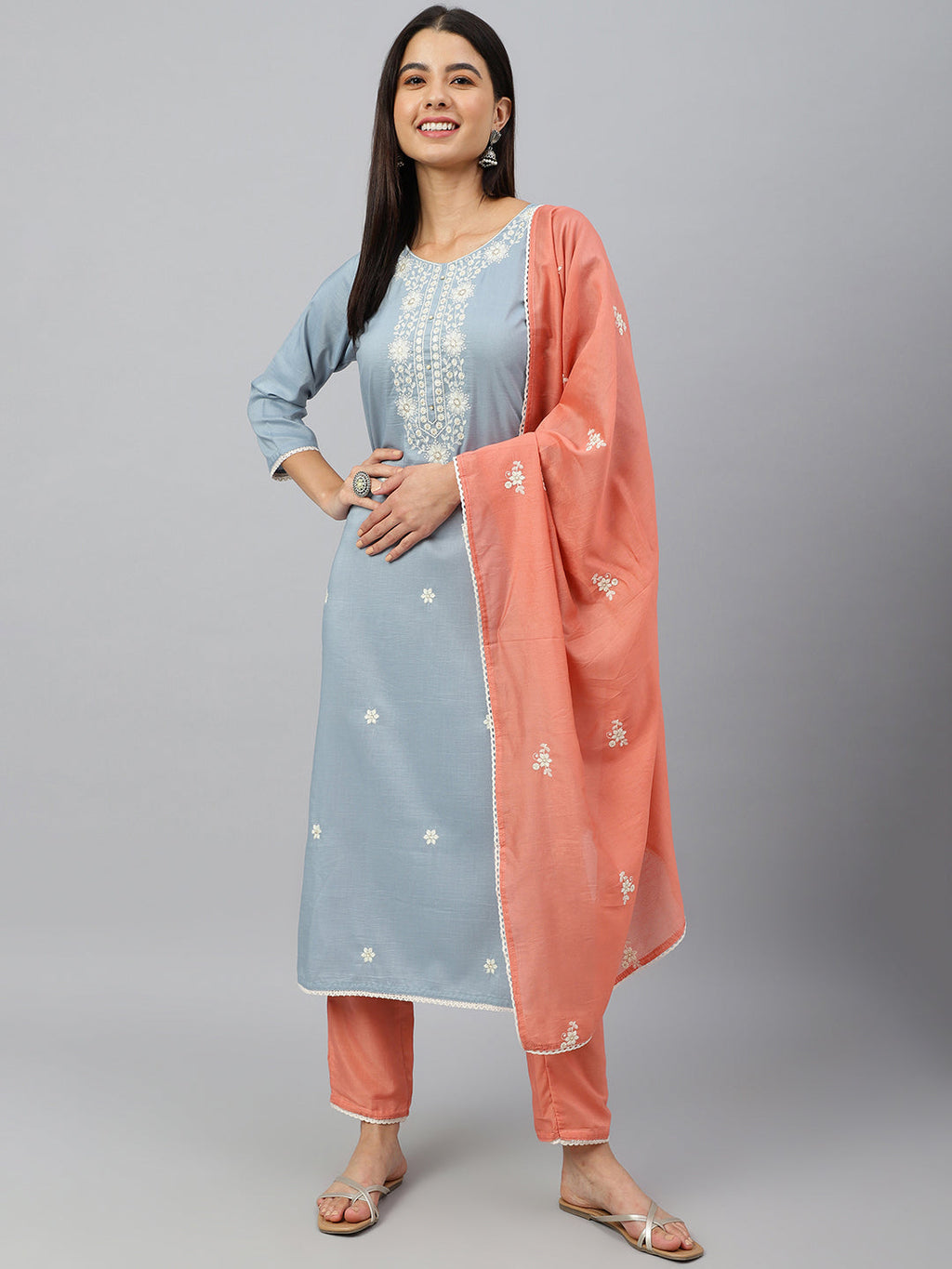 Janasya Women's Grey Poly Silk Floral Embroidery Kurta With Pant And Dupatta