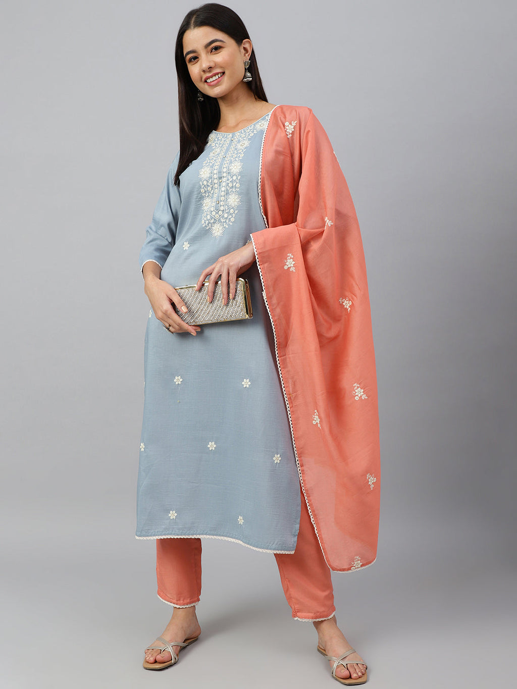 Janasya Women's Grey Poly Silk Floral Embroidery Kurta With Pant And Dupatta