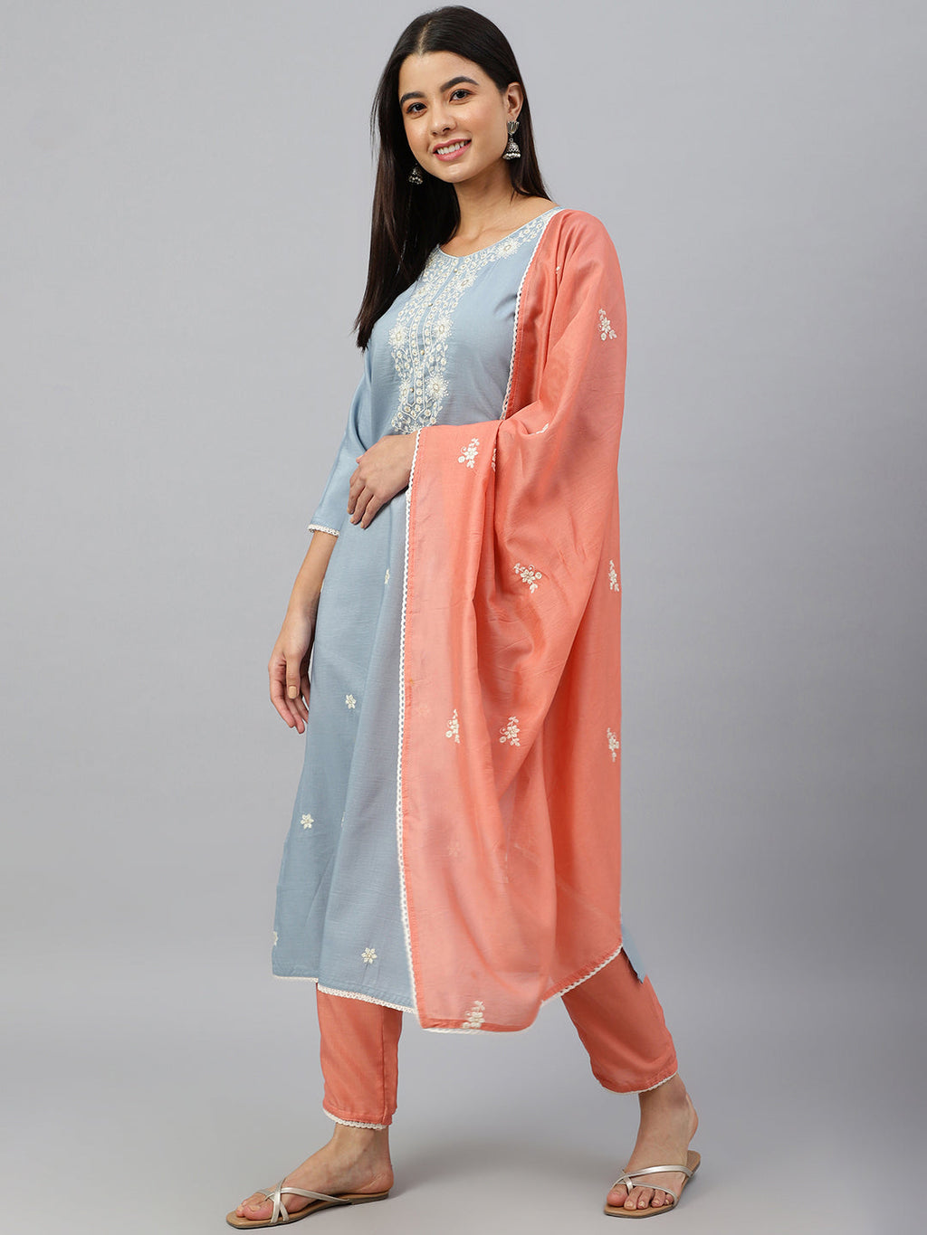 Janasya Women's Grey Poly Silk Floral Embroidery Kurta With Pant And Dupatta