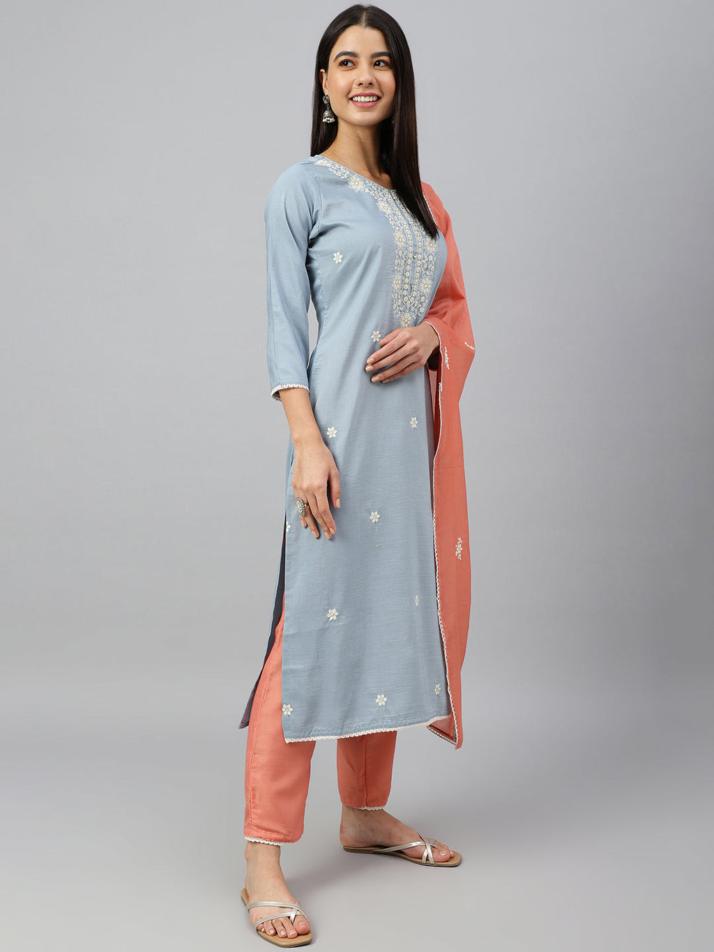 Janasya Women's Grey Poly Silk Floral Embroidery Kurta With Pant And Dupatta