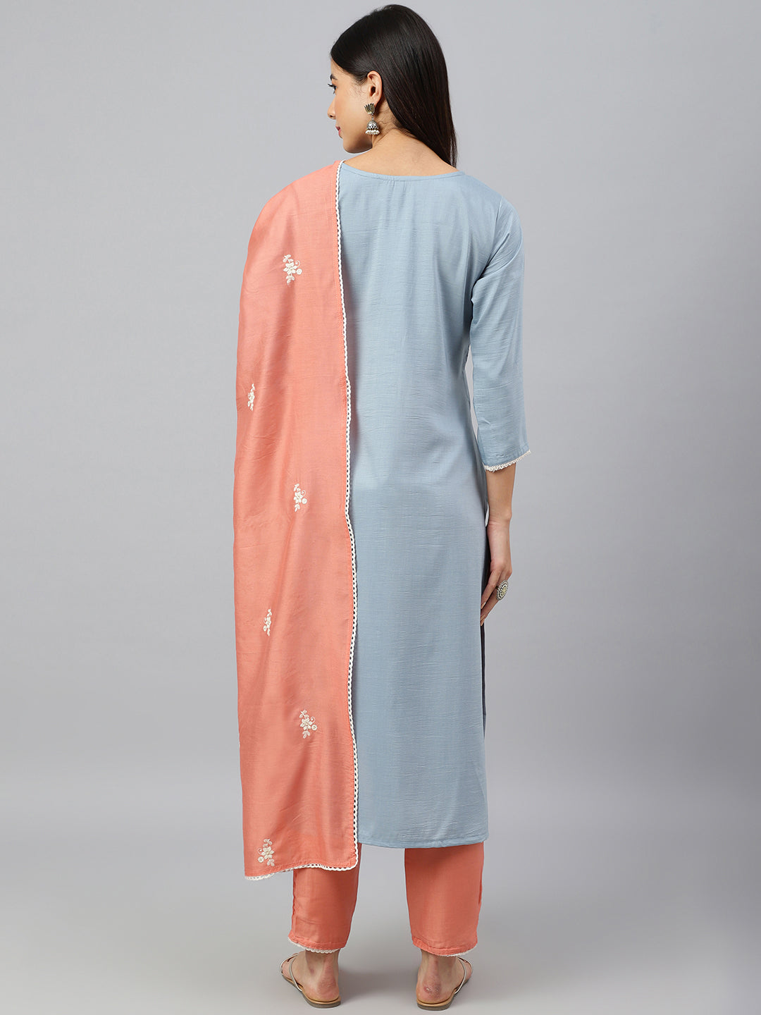 Janasya Women's Grey Poly Silk Floral Embroidery Kurta With Pant And Dupatta