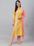 Janasya Women's Mustard Poly Silk Floral Embroidery Kurta With Pant And Dupatta