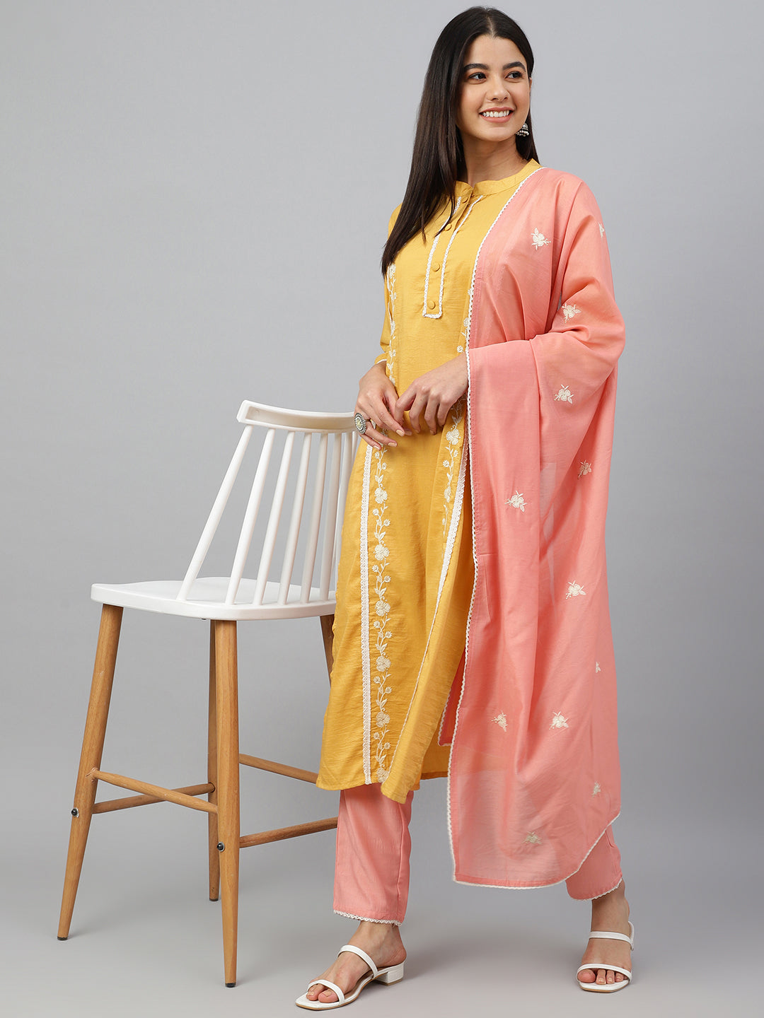 Janasya Women's Mustard Poly Silk Floral Embroidery Kurta With Pant And Dupatta