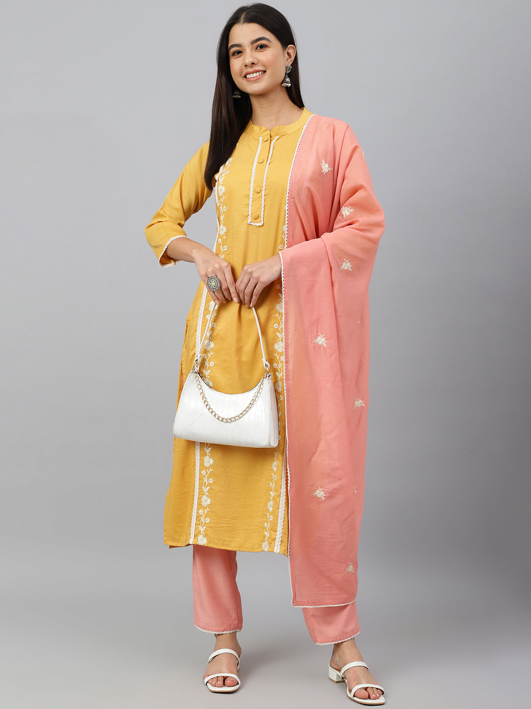 Janasya Women's Mustard Poly Silk Floral Embroidery Kurta With Pant And Dupatta