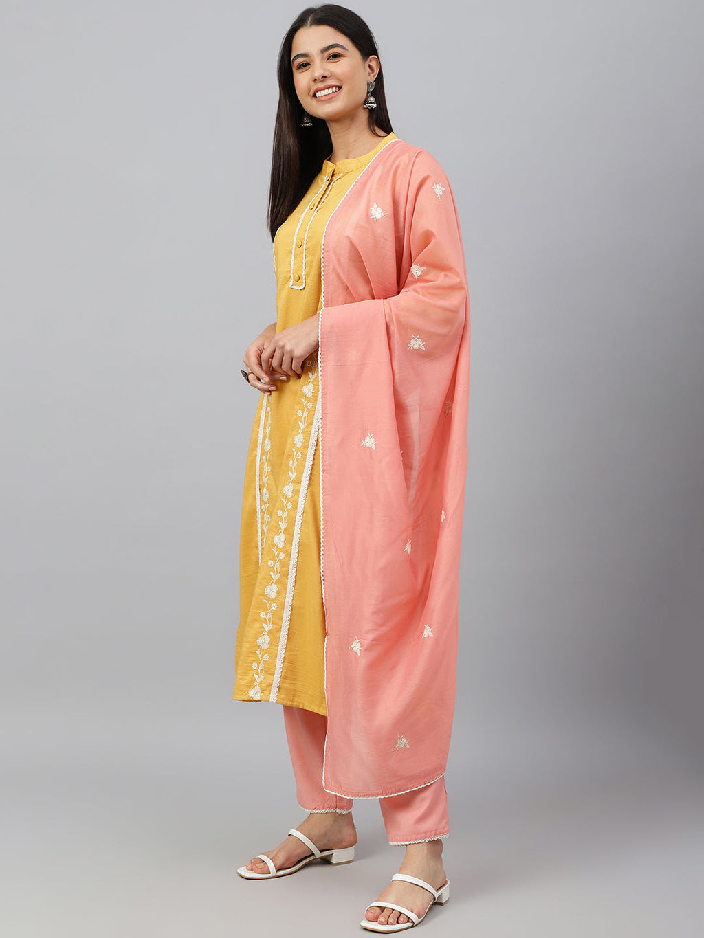Janasya Women's Mustard Poly Silk Floral Embroidery Kurta With Pant And Dupatta