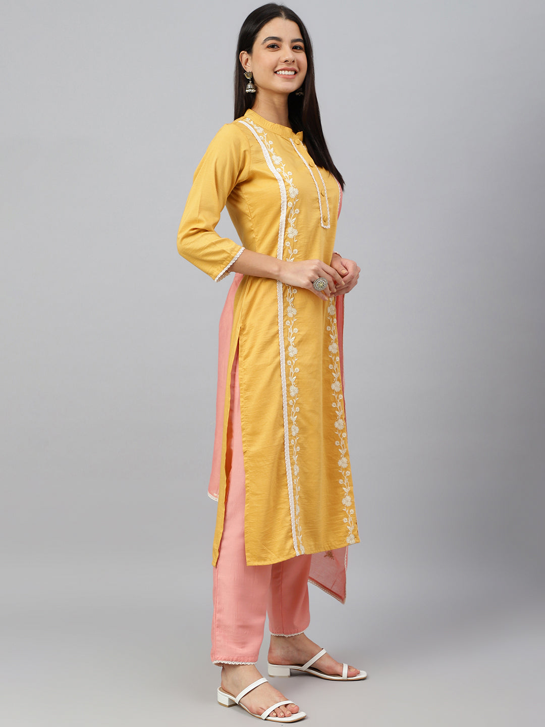 Janasya Women's Mustard Poly Silk Floral Embroidery Kurta With Pant And Dupatta