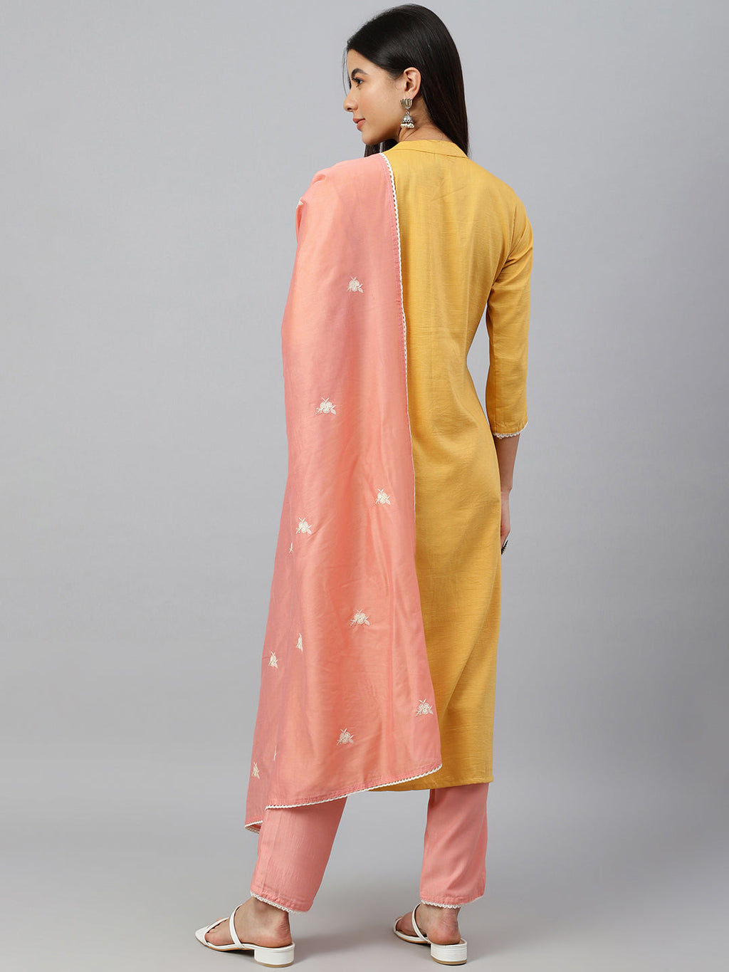 Janasya Women's Mustard Poly Silk Floral Embroidery Kurta With Pant And Dupatta