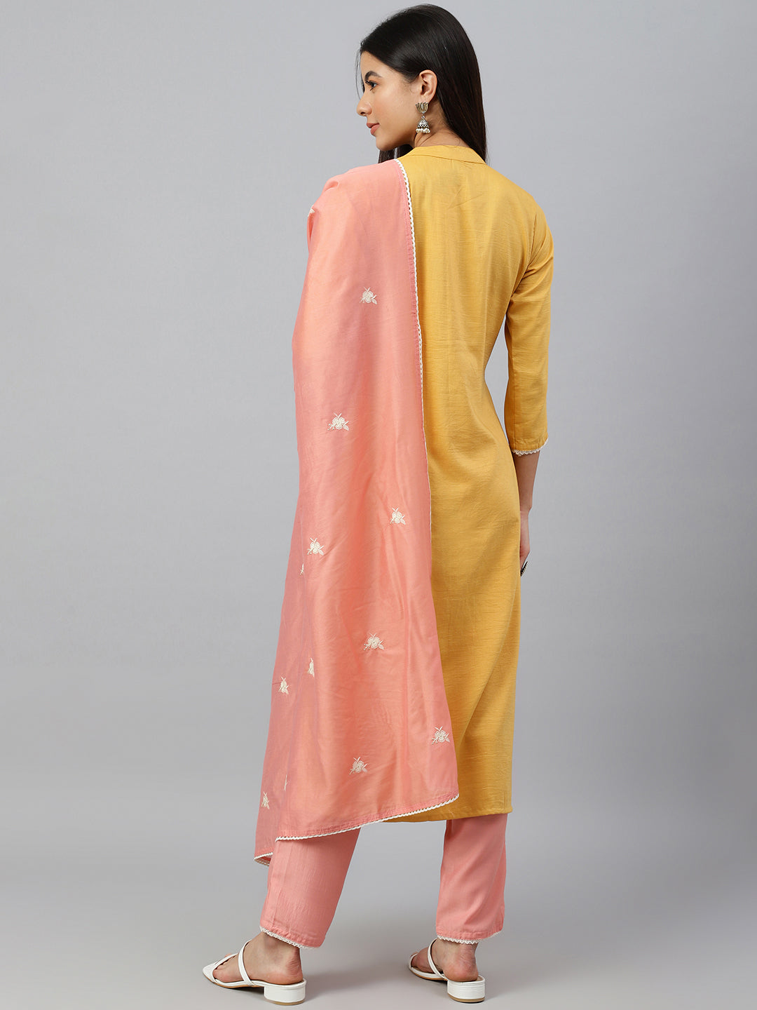 Janasya Women's Mustard Poly Silk Floral Embroidery Kurta With Pant And Dupatta