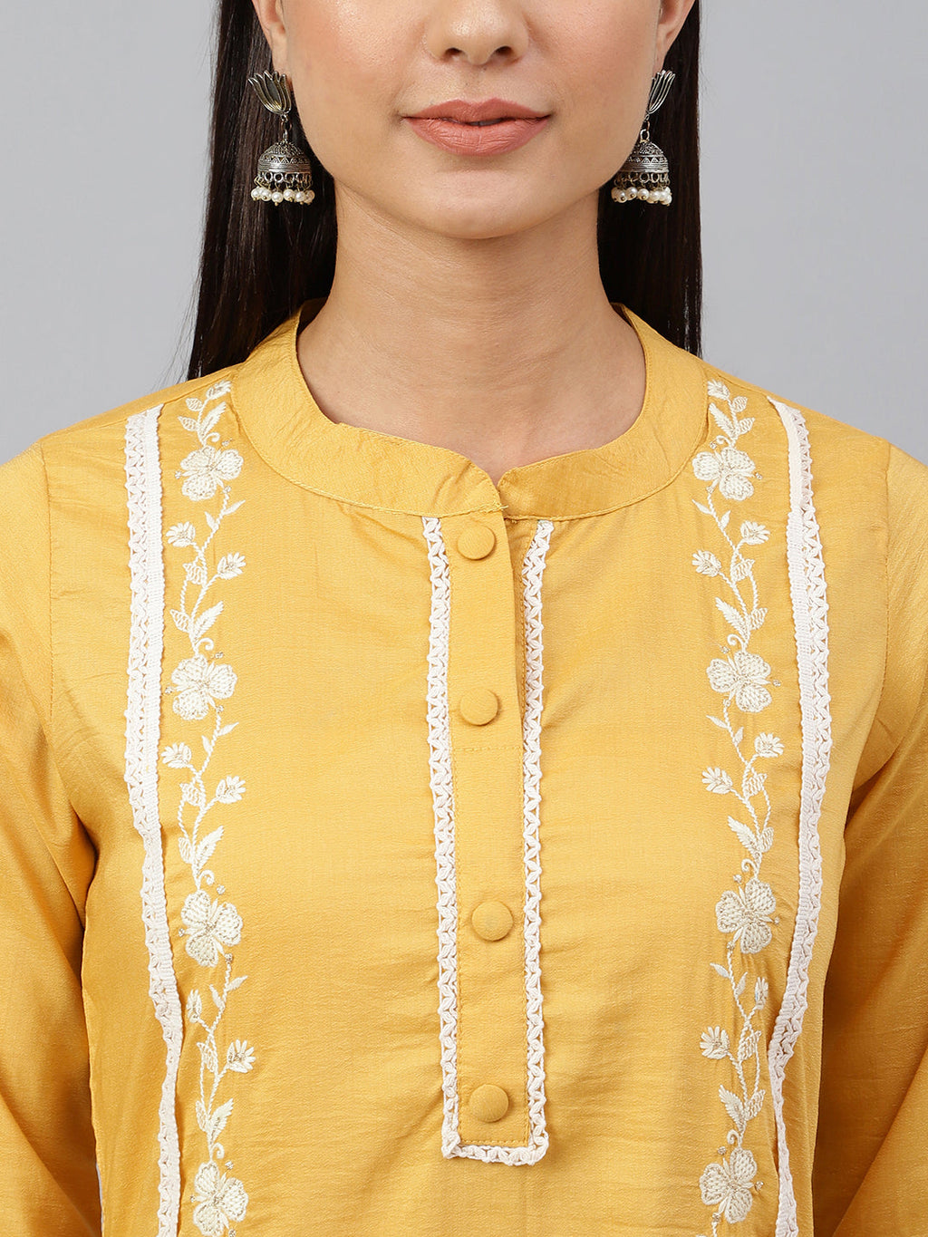 Janasya Women's Mustard Poly Silk Floral Embroidery Kurta With Pant And Dupatta