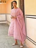 Janasya Women's Mauve Poly Silk Floral Embroidery Kurta With Pant And Dupatta