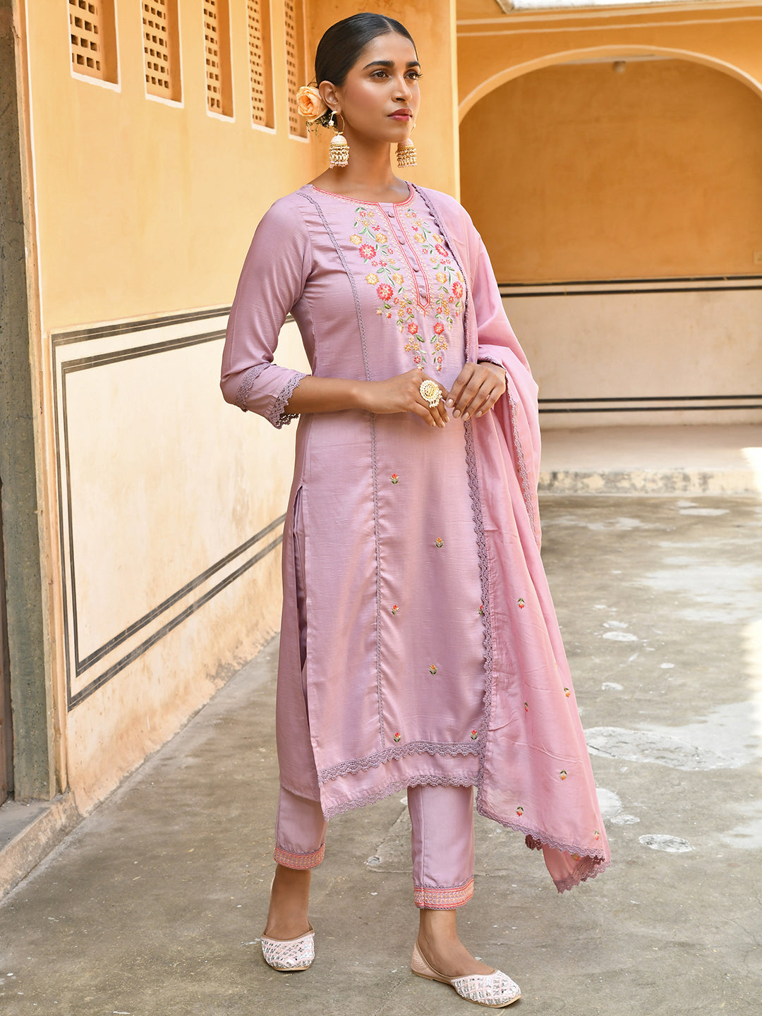 Janasya Women's Mauve Poly Silk Floral Embroidery Kurta With Pant And Dupatta