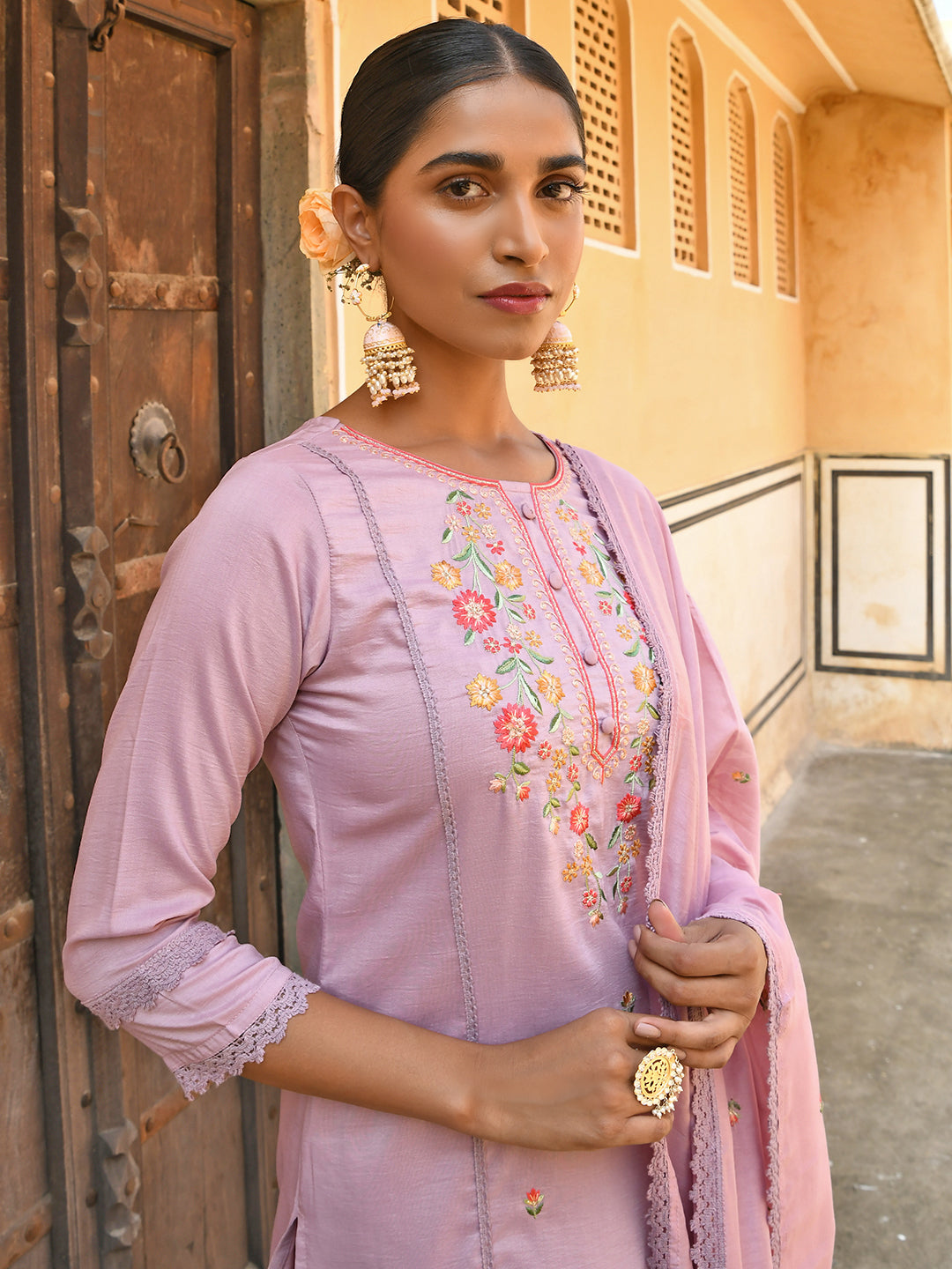 Janasya Women's Mauve Poly Silk Floral Embroidery Kurta With Pant And Dupatta