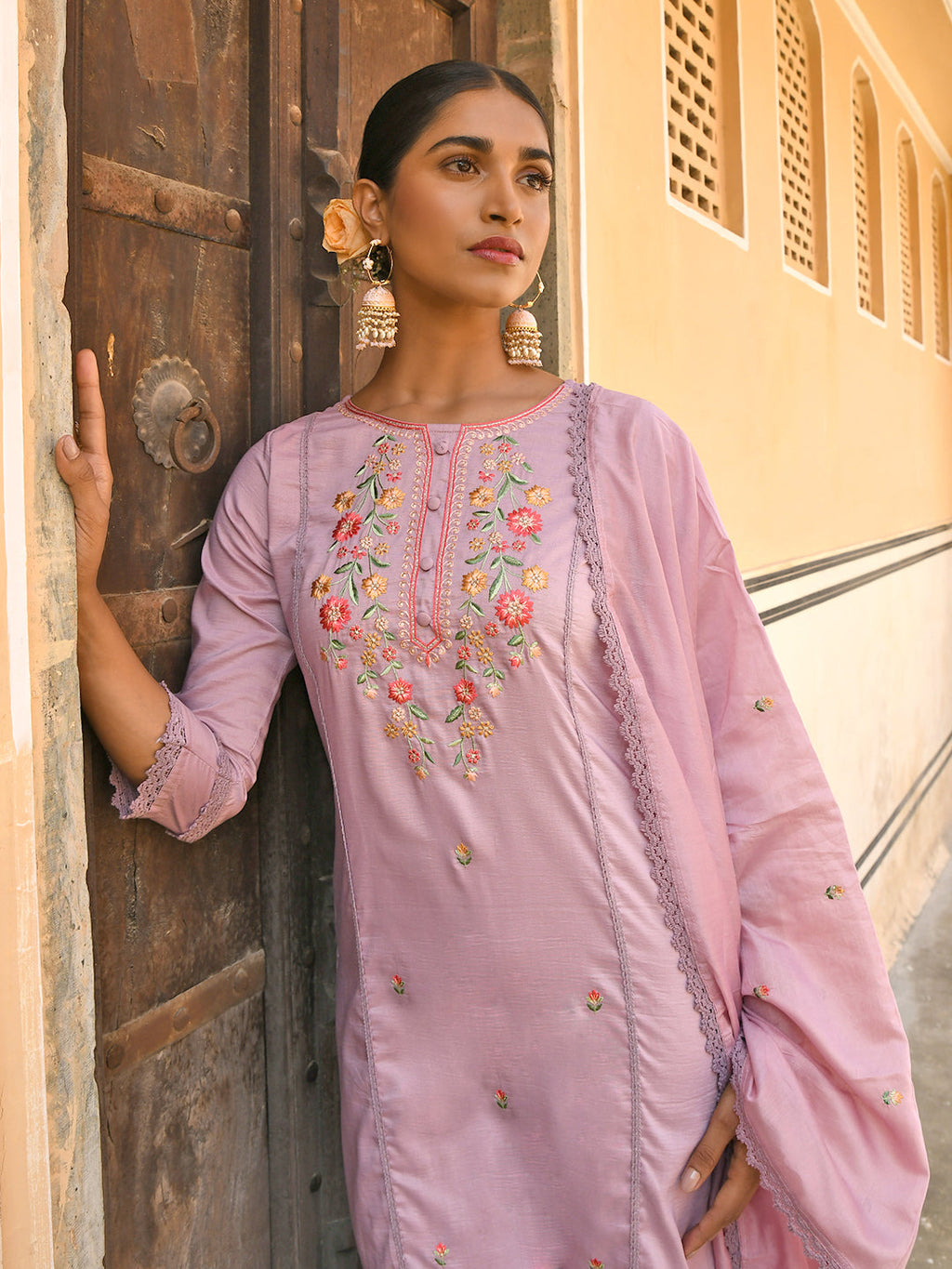 Janasya Women's Mauve Poly Silk Floral Embroidery Kurta With Pant And Dupatta