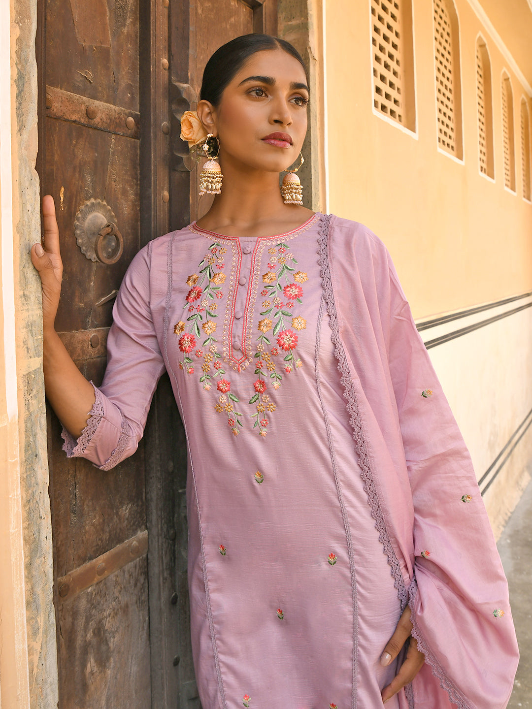 Janasya Women's Mauve Poly Silk Floral Embroidery Kurta With Pant And Dupatta