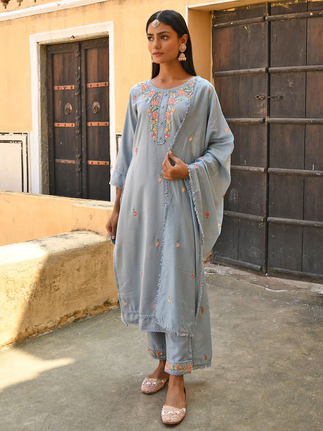 Janasya Women's Mint Blue Poly Silk Floral Embroidery Kurta With Pant And Dupatta