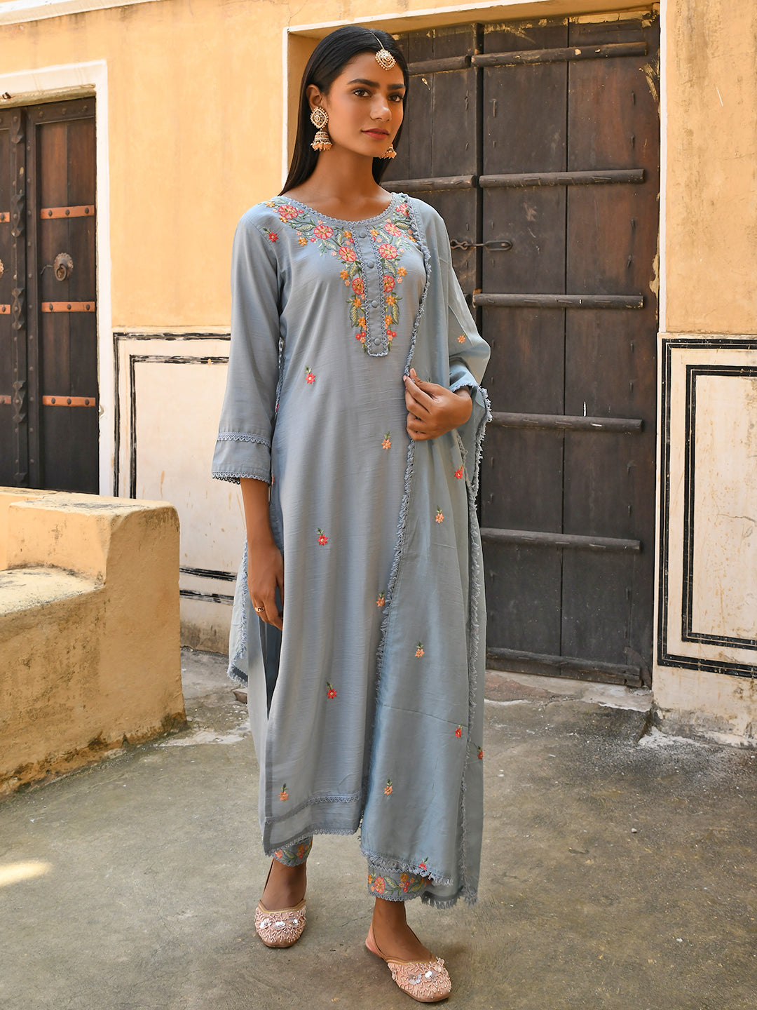 Janasya Women's Mint Blue Poly Silk Floral Embroidery Kurta With Pant And Dupatta