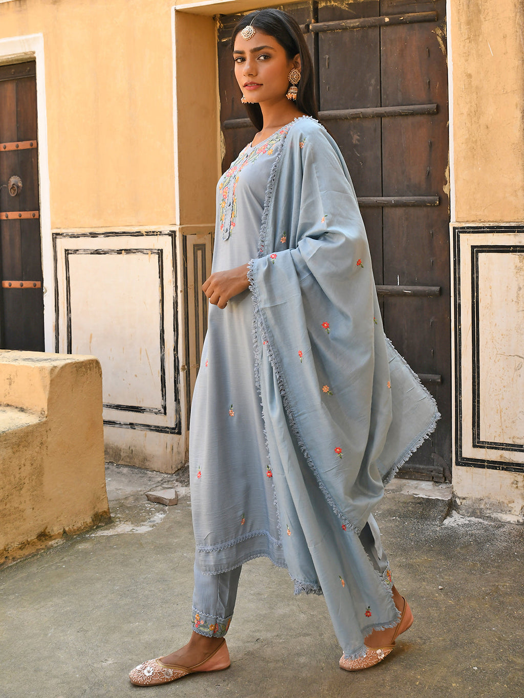 Janasya Women's Mint Blue Poly Silk Floral Embroidery Kurta With Pant And Dupatta