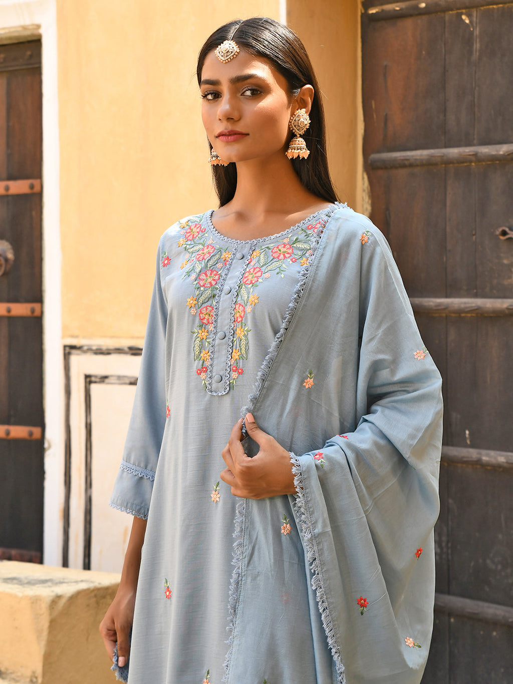 Janasya Women's Mint Blue Poly Silk Floral Embroidery Kurta With Pant And Dupatta