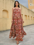 Janasya Women's Red Cotton Floral Print Tiered Western Dress